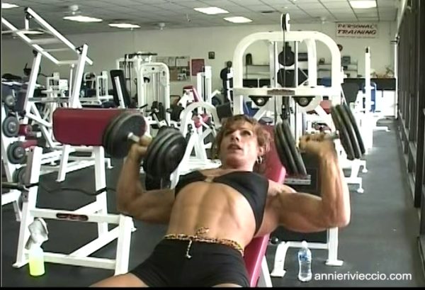 Annie Rivieccio, muscular, female bodybuilder, workout, pecs, biceps