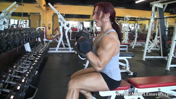 Annie Rivieccio, muscular, female bodybuilder, biceps, shirt rip