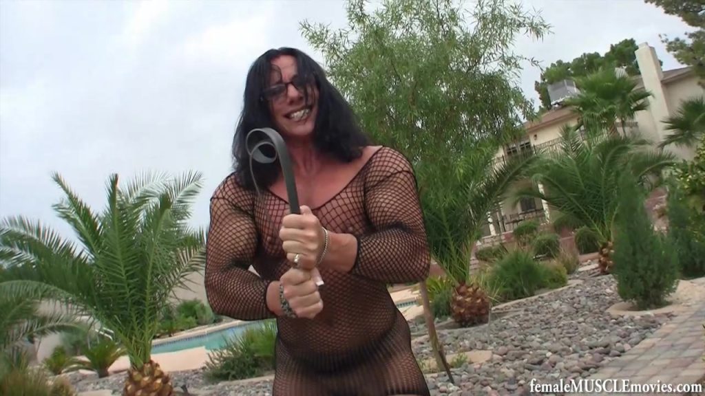 Annie Rivieccio, muscular, female bodybuilder, biceps, fishnet, bar bending, feats of strength