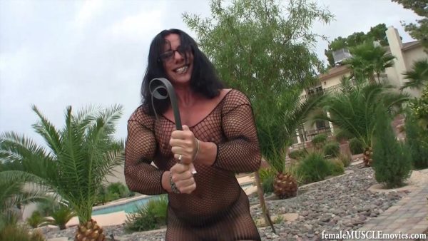 Annie Rivieccio, muscular, female bodybuilder, biceps, fishnet, bar bending, feats of strength