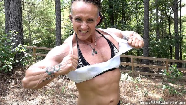 Janeen lankowski, female muscle movies, femalemusclemovies, femalemusclemoviesvod, muscular, female bodybuilder, shirt rip