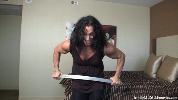 Annie Rivieccio, muscular, female bodybuilder, bar bending, feats of strength, muscle talk