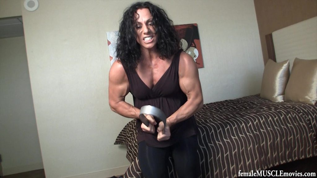 Annie Rivieccio, muscular, female bodybuilder, bar bending, feats of strength, muscle talk