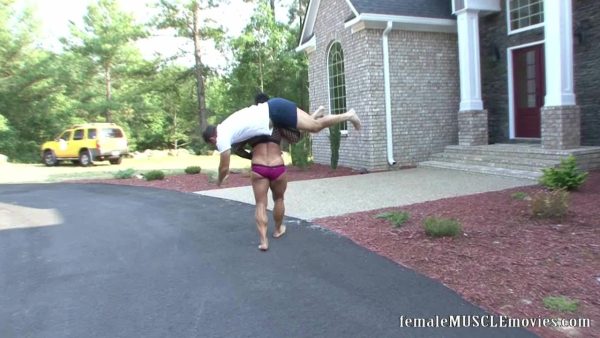 female muscle movies, femalemusclemovies, femalemusclemoviesvod, Annie Rivieccio, muscular, female bodybuilder, lift and carry, workout, muscle worship, muscular arms, larger man