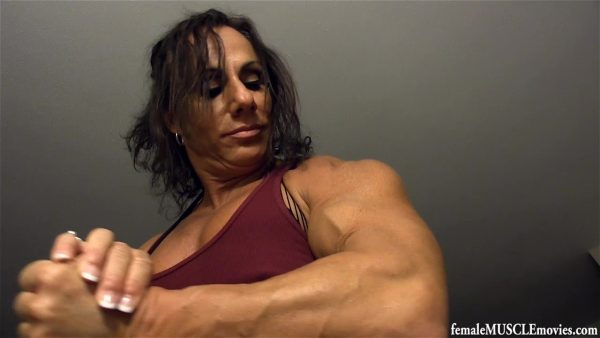 female muscle movies, femalemusclemovies, femalemusclemoviesvod, Annie Rivieccio, muscular, female bodybuilder, shirt ripping, session cam, session POV, biceps, JOI, pec bouncing