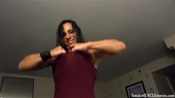 female muscle movies, femalemusclemovies, femalemusclemoviesvod, Annie Rivieccio, muscular, female bodybuilder, shirt ripping, session cam, session POV, biceps, JOI, pec bouncing