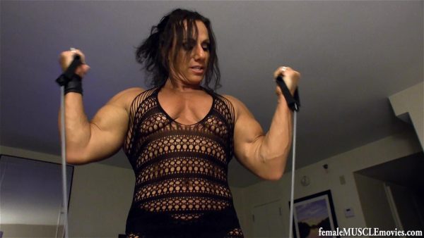 female muscle movies, femalemusclemovies, femalemusclemoviesvod, Annie Rivieccio, muscular, female bodybuilder, shirt ripping, session cam, session POV, biceps, JOI, pec bouncing