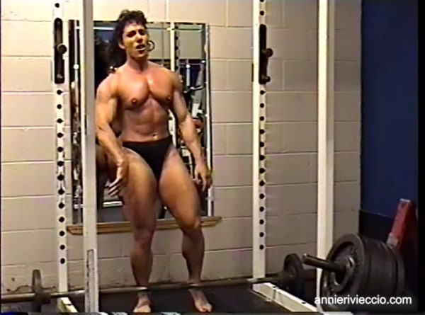 Annie Rivieccio, muscular, female bodybuilder, gym workout, pecs, squats, muscular legs