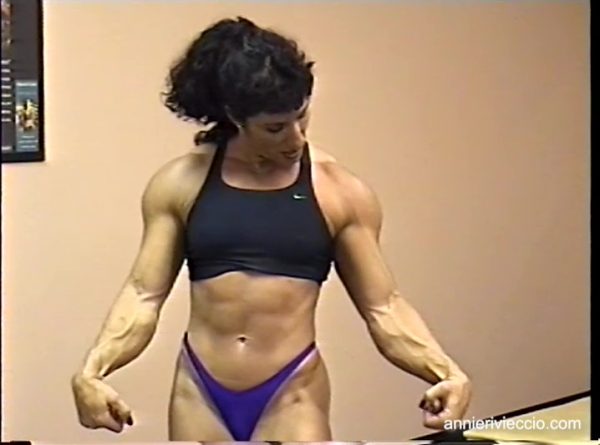 Annie Rivieccio, muscular, female bodybuilder, gym workout, pecs, squats, muscular legs